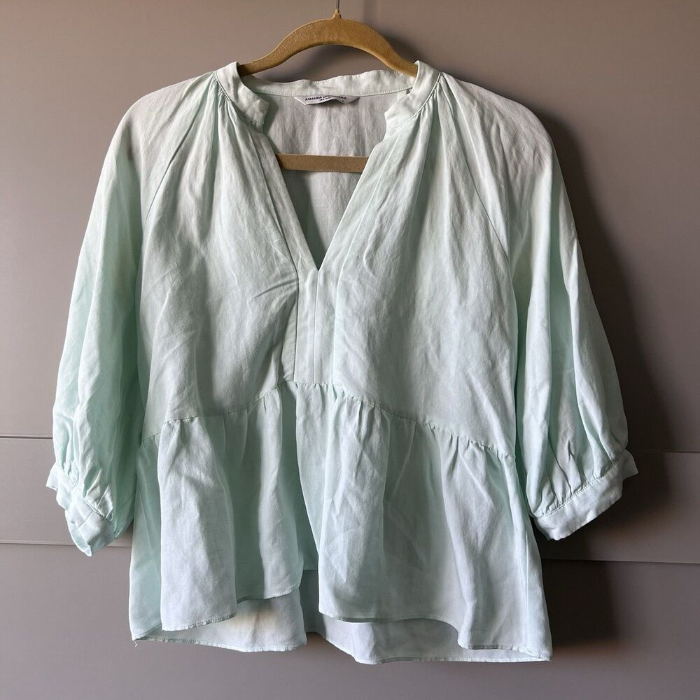 Amanda Uprichard Diego Blue Linen Peplum Top Women Small Puff Sleeve VNeck Beach